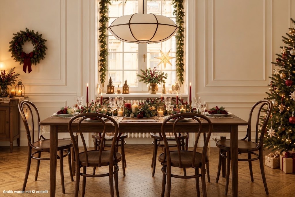 Elegantes, weihnachtlich dekoriertes Esszimmer